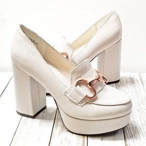 Platform Block Heel Loafers in Ivory with Rose Gold Hardware